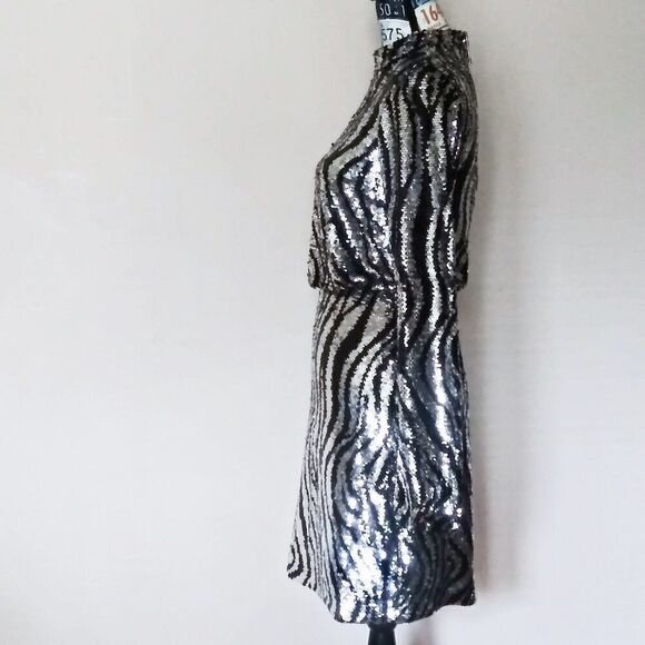 TED BAKER Sequin Mini Dress Animal Striped Print Mock Neck LS Silver Sz 0-2 / XS - Picture 11 of 15